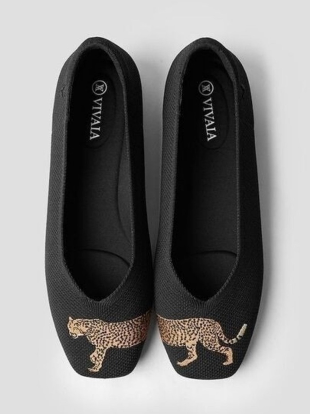 VIVAIA Audrey Black Embroidered Leopard Knit Square Toe Ballet Flats NWOT 10.5
